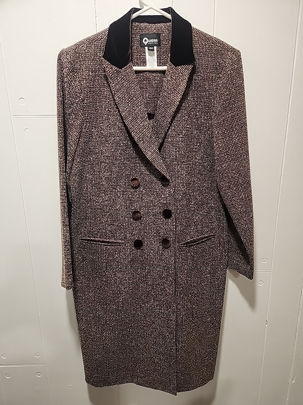 VTG QUADRA Brown Tweed Like Double-Breasted Coat with Velvet Collar Size 12P